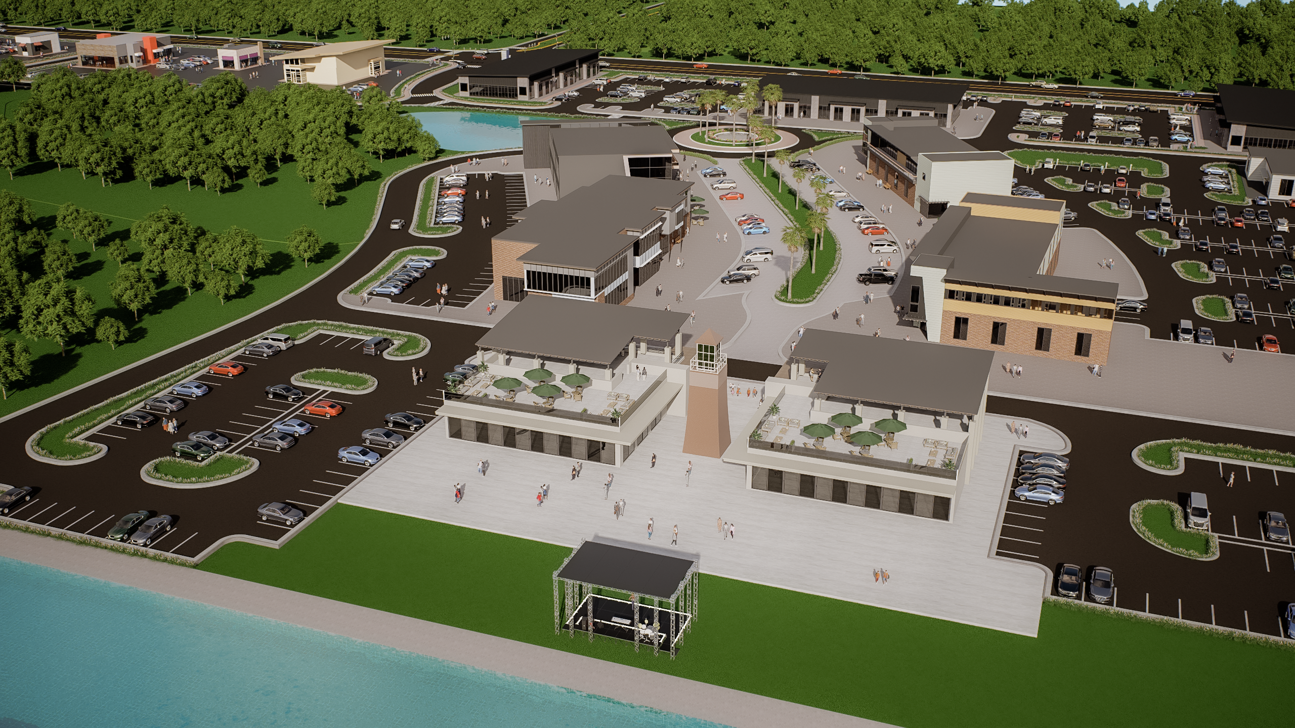 Aerial rendering of green space and plaza